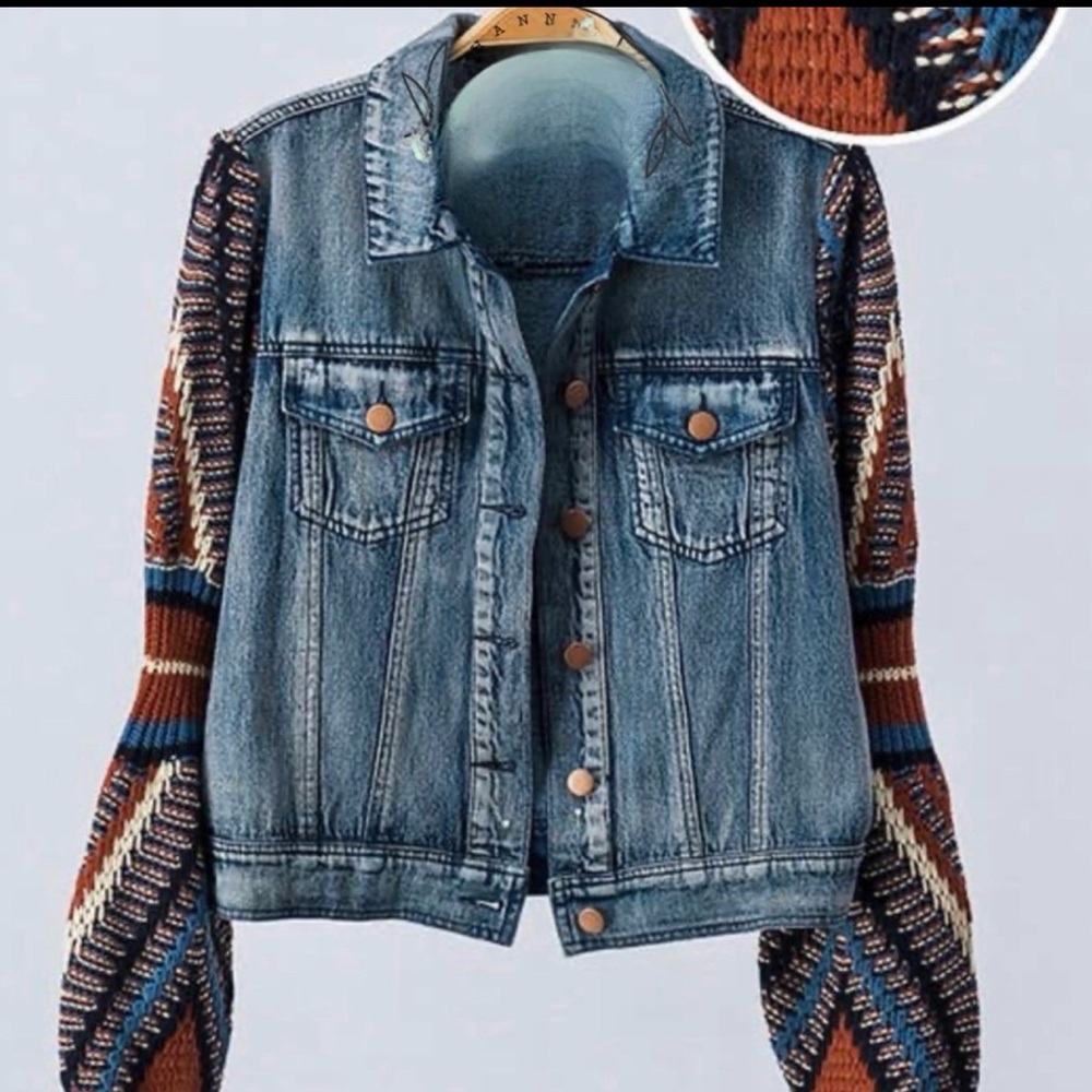Blue Denim Jean Jacket with Patterned Knit Sleeves